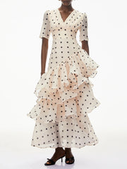 V-Neck Tiered Ruffle Polka Dot Maxi Dress