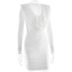 Long Sleeve Deep Neck Draped Ruched Mini Dress