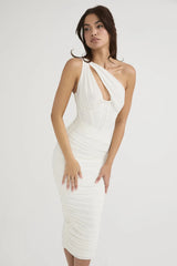One-Shoulder Ruched Corset Midi Dress