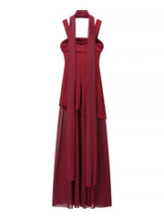 Red evening gown with a layered design