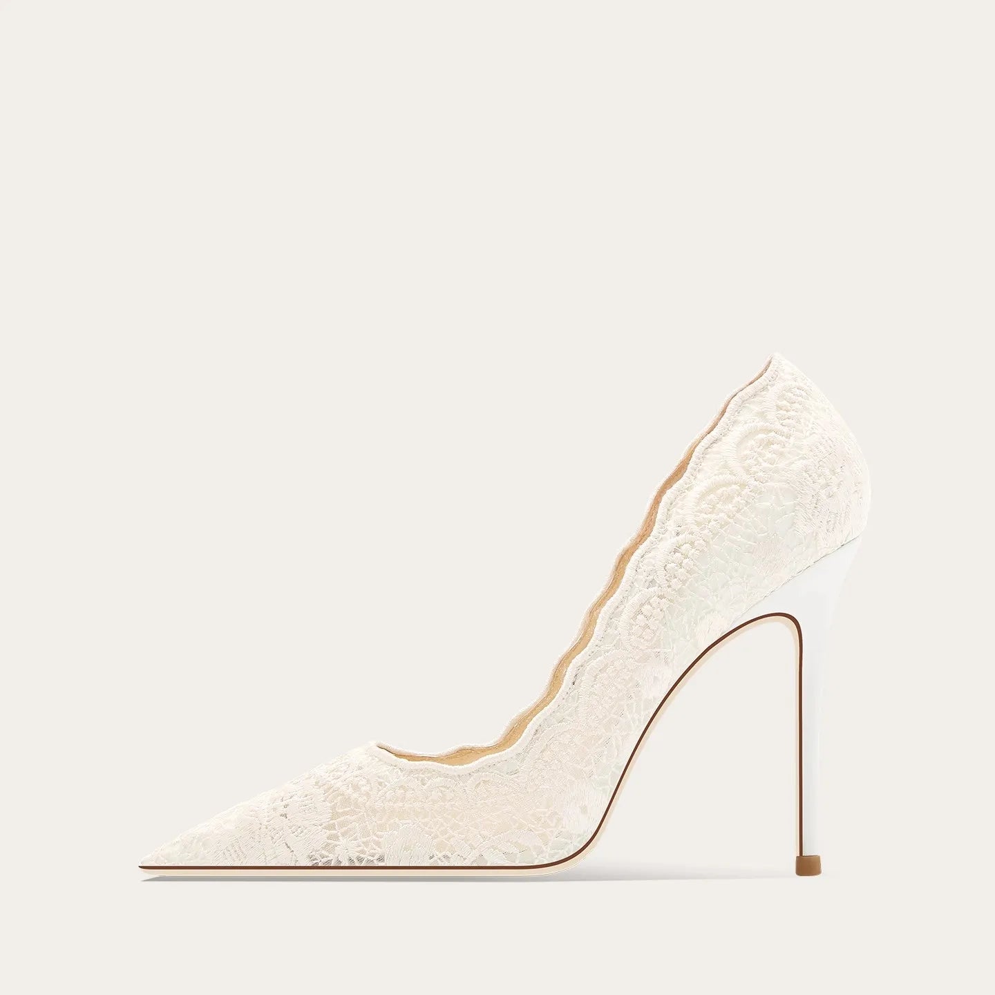 White high-heeled shoe with a thin heel on a light beige background