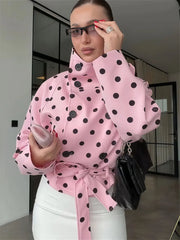 Pink polka dot double-breasted belted jacket with handbag