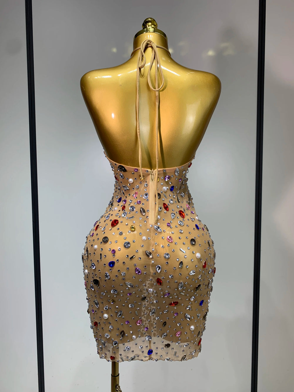 Halter neck sleeveless mini crystal embellished mesh dress back view