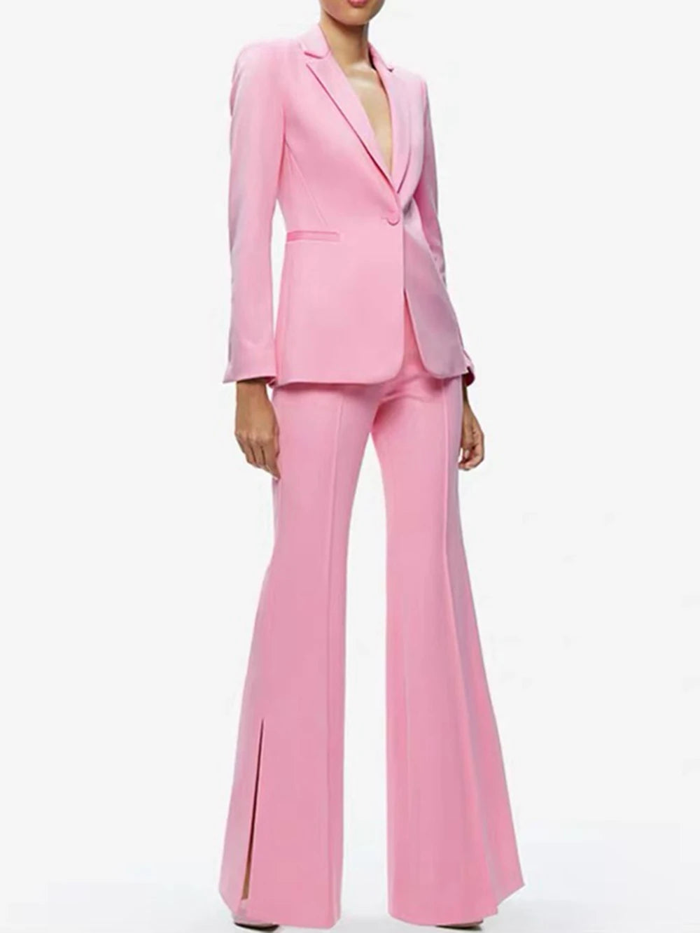Pink single button blazer with split flare pants