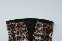 Sparkle Leopard Print Strapless Top And Midi Skirt Matching Set
