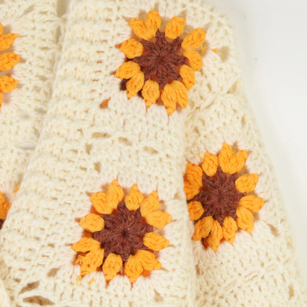 Close-up of a knitted fabric with sunflower pattern