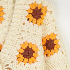 Close-up of a knitted fabric with sunflower pattern