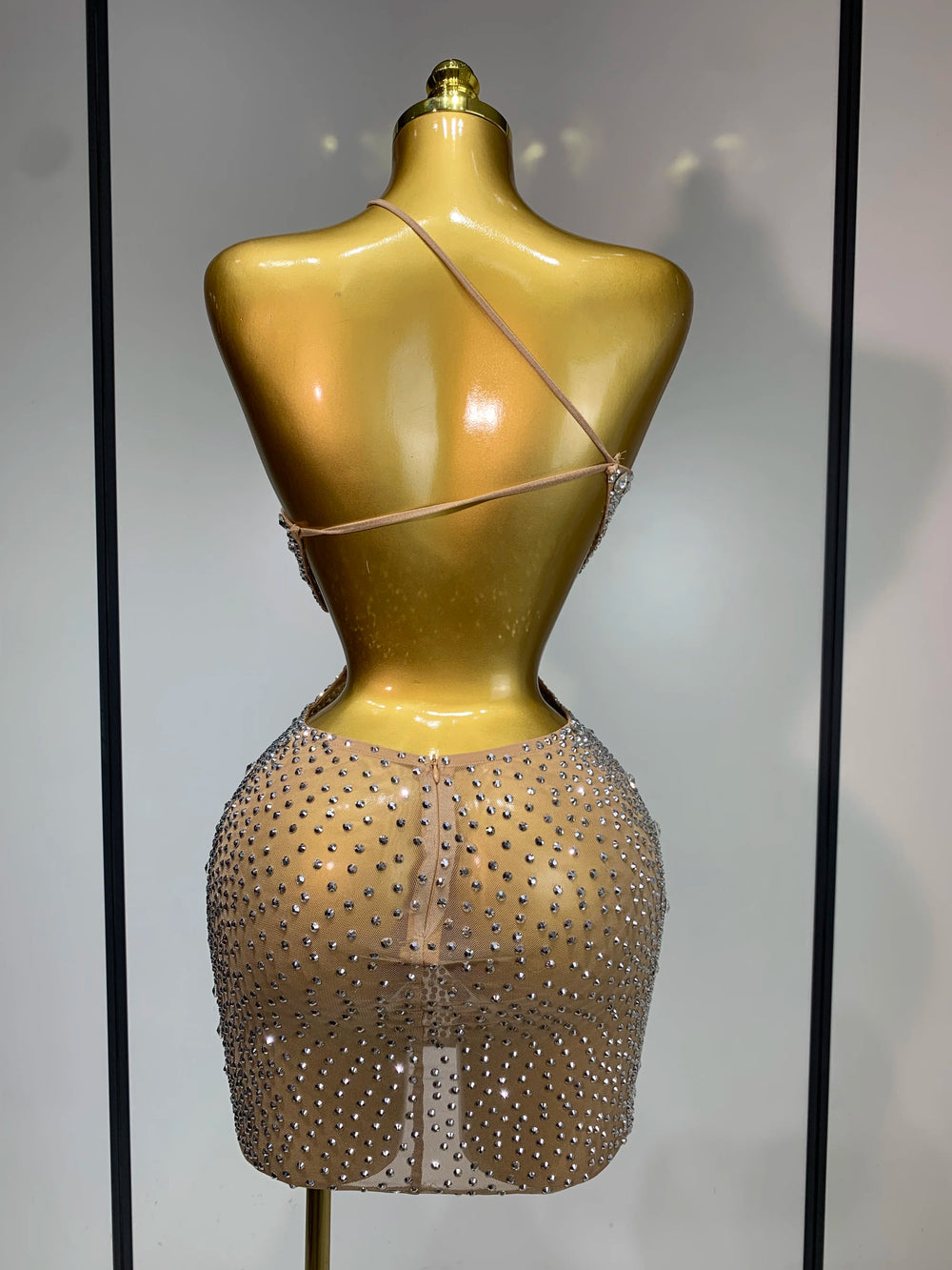 Diagonal collar cut-out crystal mesh mini dress back view