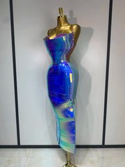 Side view of a strapless crystal-embellished bodycon maxi dress in sky blue.