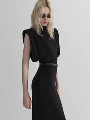 Black Turtleneck Padded Shoulder Belted Maxi Dress