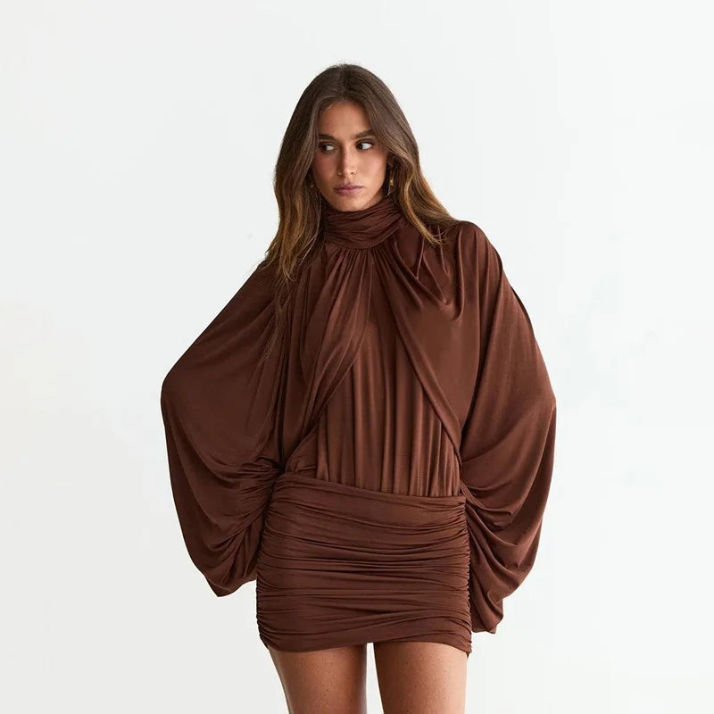 Brown Ruched Turtleneck Long Sleeve Dress