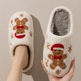 Gingerbread man slipper on a foot