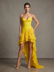Yellow Ruffled Frill Hem Pearl Strapless Midi Dress