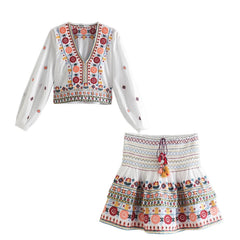 Embroidered Paisley Long Sleeve Top and Smocked Skirt Set