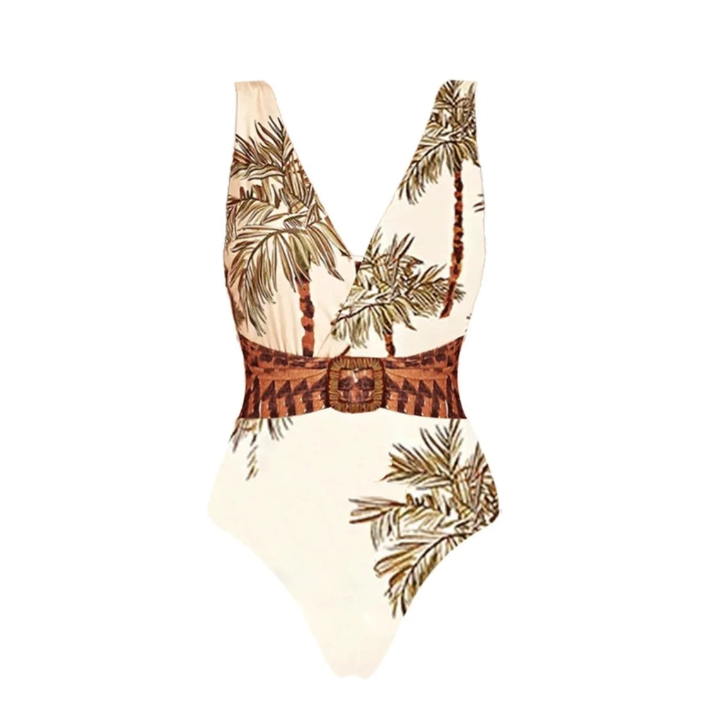 Palm tree print one-piece swimsuit detail