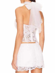 White Lace Crop Top And Mini Skirt Set