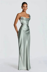 Satin Bodycon One Shoulder Cowl Neck Maxi Dress