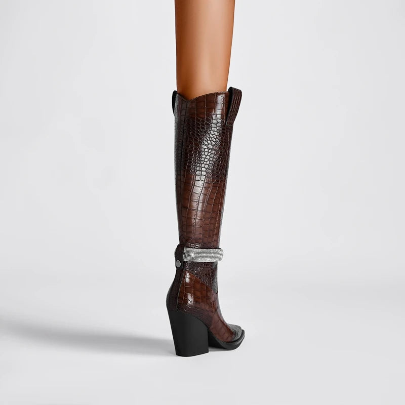 Brown embellished pointed toe knee-high western boots.