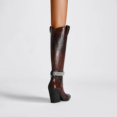 Brown embellished pointed toe knee-high western boots.