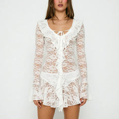 Long Sleeve Sheer Lace Ruffle Mini Dress