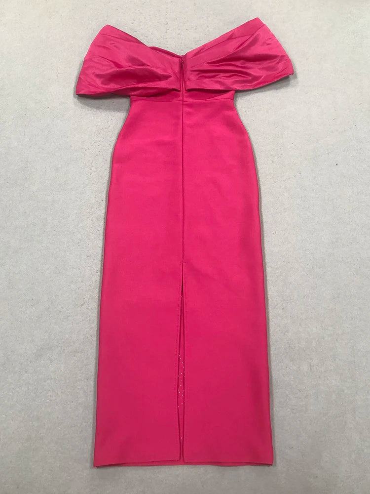 Pink off-shoulder dress on a light gray background