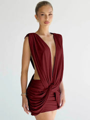 Deep V Neck Twisted Drape Mini Dress