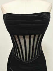 Strapless Boning Sheer Patchwork Slit Maxi Dress