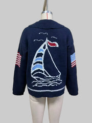Blue Knit Intarsia Sailboat Lapel Cardigan