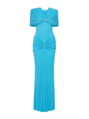 Draped O-Neck Metal Pin Ruched Waist Maxi Dress