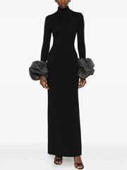 Black high neck maxi dress with rhinestone puff sleeves