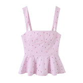 Pink striped floral peplum camisole top front view