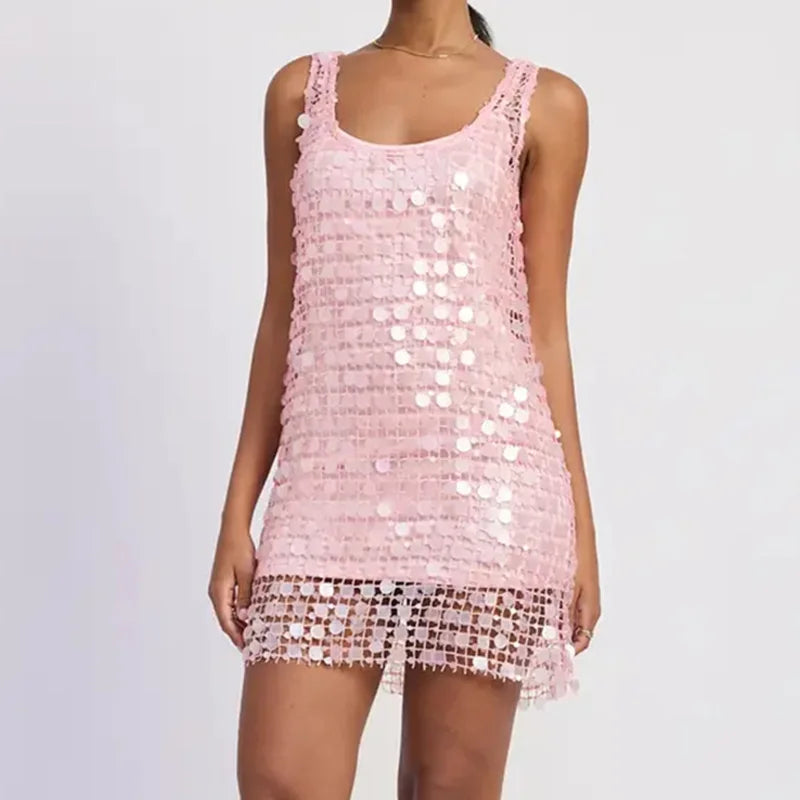 Pink sequin mesh mini dress