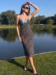 Leopard Print Lace Trim Strappy Mesh Midi Dress