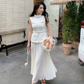 White Bow Pocket Tweed Chiffon Long Dress