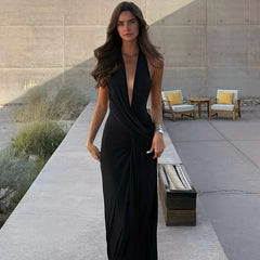 Halter Deep V-Neck Draped Maxi Dress