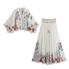 Embroidered Paisley Long Sleeve Top and Smocked Skirt Set