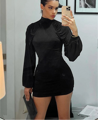 Black ruched mock neck long sleeve mini dress with clutch