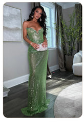 Sequin Green Strapless Mermaid Gown with Sculpted Waist
