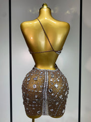 Crystal One Shoulder Mesh Bodycon Mini Dress