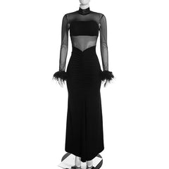 Black Feather Trim Mesh Turtleneck Maxi Dress