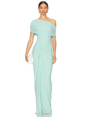 Woman wearing a light blue off-shoulder gown on a white background