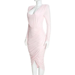 Long Sleeve Deep Neck Top and Ruched Pencil Skirt Set