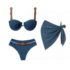 Denim Print Bikini Set with Wrap Skirt