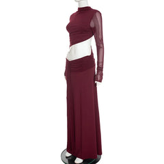 Mock Neck Mesh Crop Top Draped Maxi Skirt Set