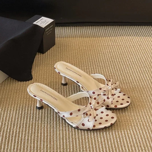 Polka dot bow kitten heel mules in white with red dots