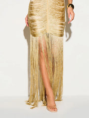 Gold Halter Neck Fringe Embellished Gown Dress