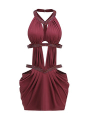 Embellished Halter Neck Cut Out Mini Dress