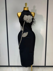 Turtleneck sleeveless diamond and feather embellished midi dress front view.
