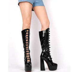 Patent Lace Up Platform Knee High Boots