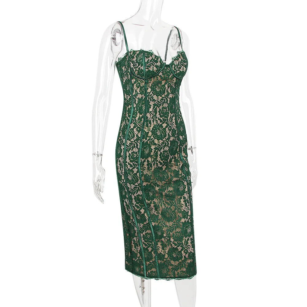 Green lace midi dress on a mannequin